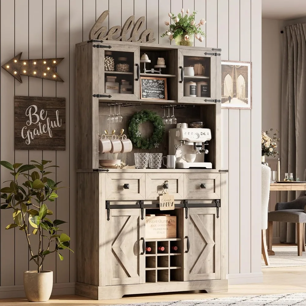 

72" Farmhouse Bar Cabinet with Sliding Barn Door, Tall Kitchen Buffet with Storage Hutch and 3 Drawer, Rustic Coffee Wine Bar