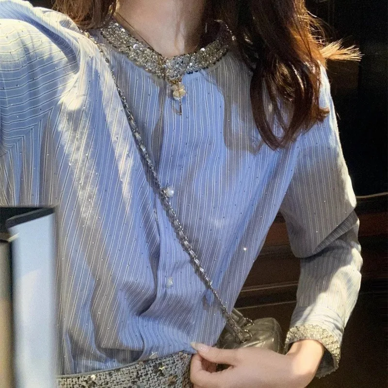 

French-style Sequined Luxury Blue Diamond-studded Blouse, Early Spring New Style Cardigan, Versatile T-shirt