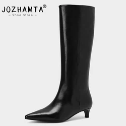 JOZHAMTA Size 34-39 Women Knee Boots Vintage Real Leather Kitten Heels Shoes Winter 2025 Pointy Wide Calf Casual Long Tall Boots