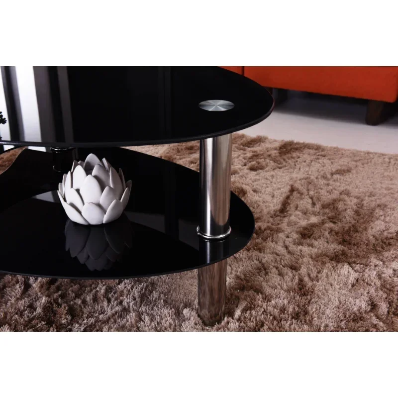 Hodedah Oval Glass 3-Tier Coffee Table, Black furniture living room coffee table