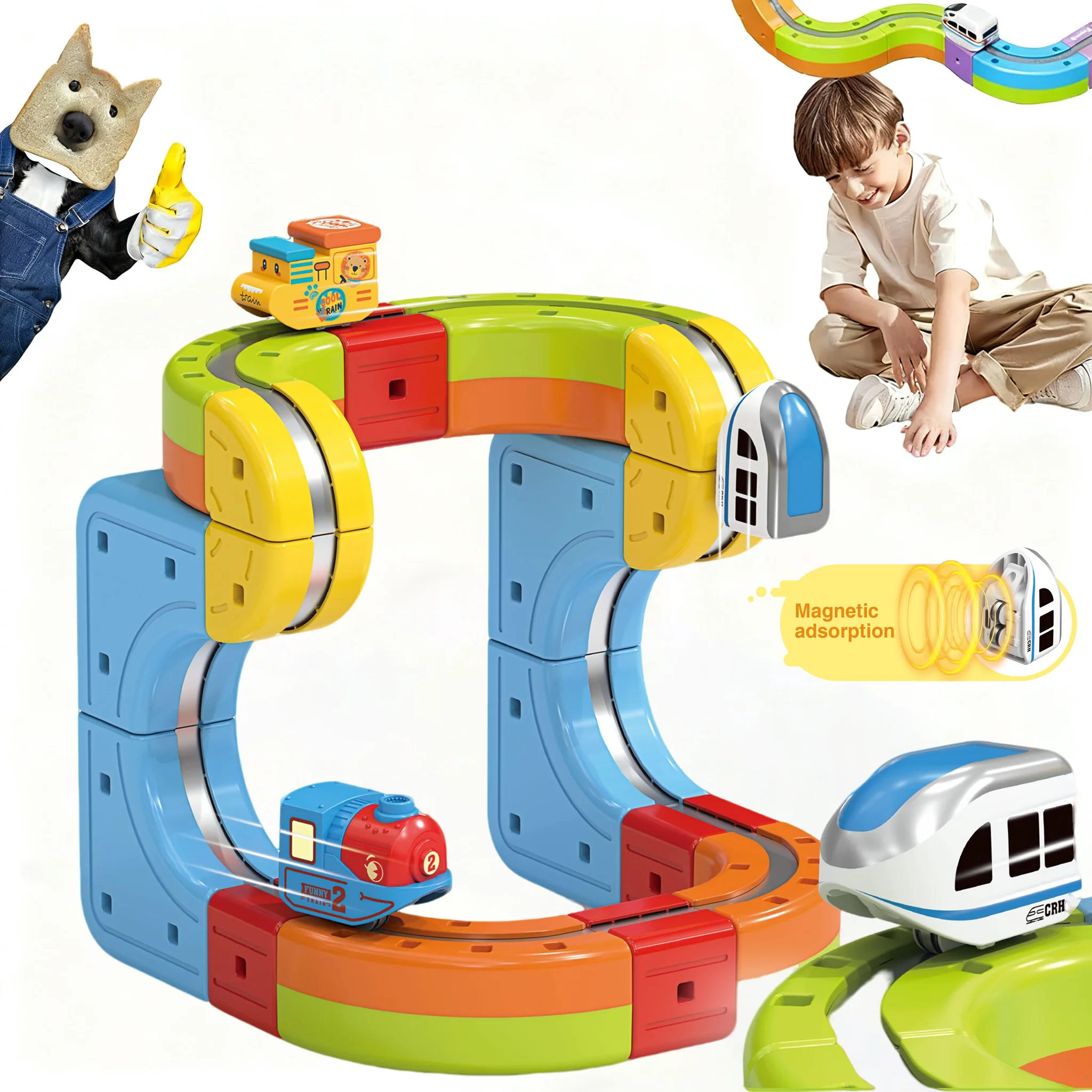 DIY Electric Magnetic Track Set with Anti-Gravity Vehicles 100+Pcs STEM Construction Railway Building Blocks Toy Gift for Kids