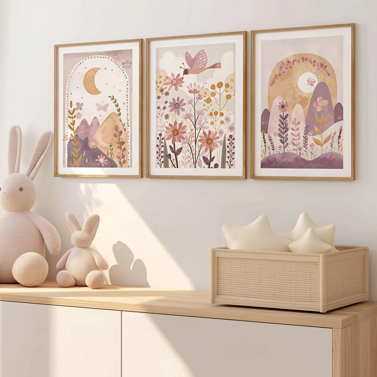 1/3 Stück Niedliche Bohemian Blumen Mond Sonne Leinwanddruck Schmetterling Blumen Wandkunst Poster für Moderne Frühlings-Kinderzimmer Heimdekoration