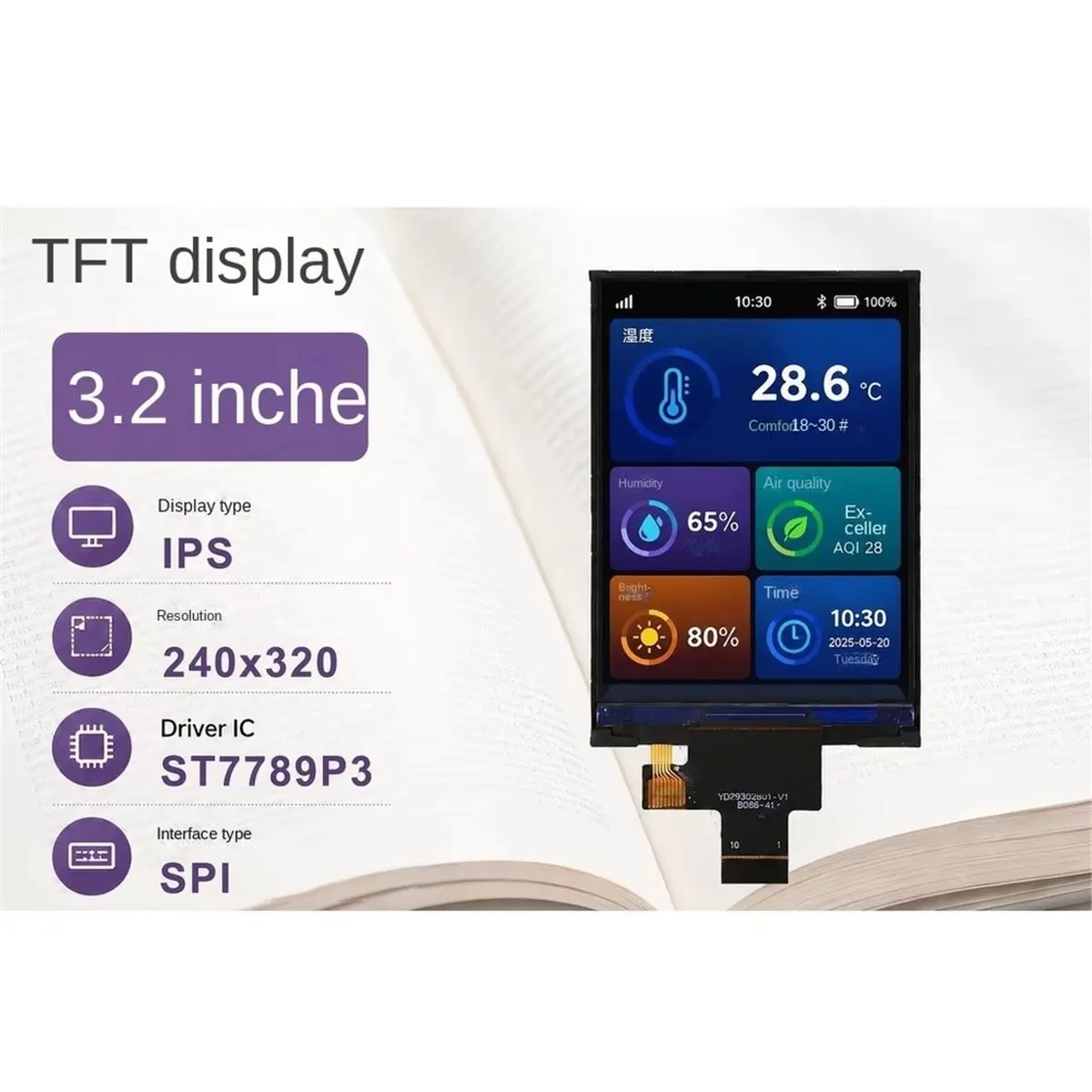 3.2 Inch Color LCD Display SPI Interface ST7789 Driver IC 10PIN FPC Connector Screen Module