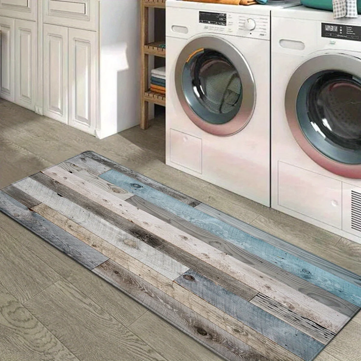 Modern Blue Grey Wood Grain Kitchen Floor Mat, Non-Slip Long Runner Rug for Hallway Entryway, Easy-Clean Scandinavian Home Decor