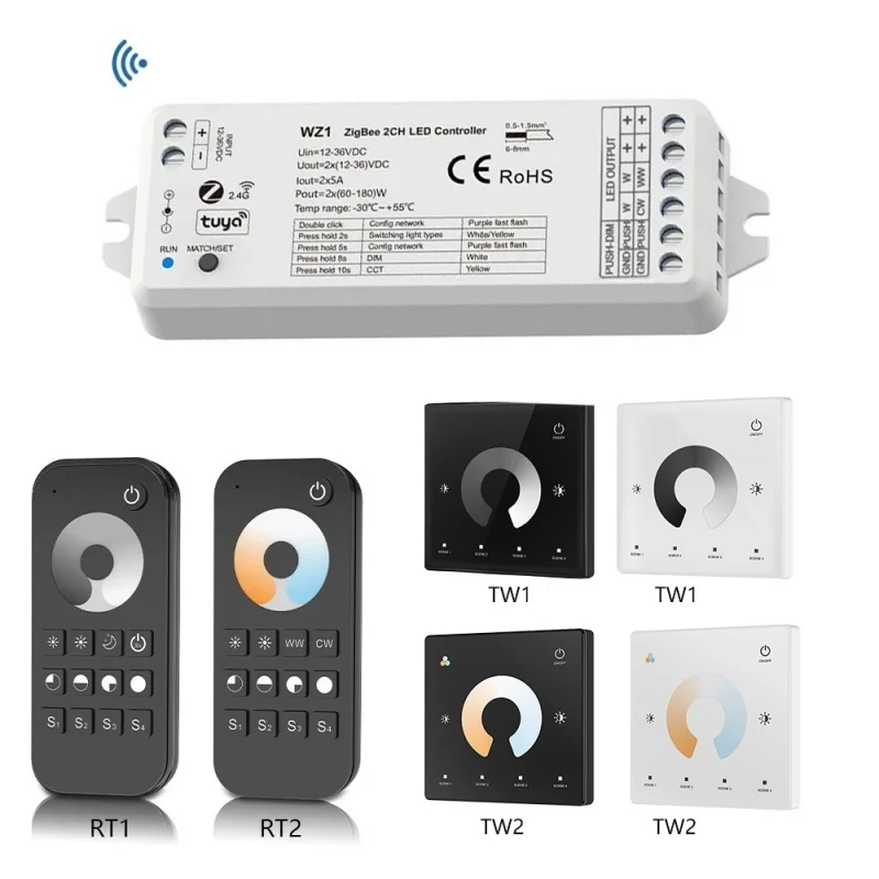 WZ1 Zigbee Led Controller 2CH*5A DC 12V 24V 36V Tuya Smart Life 2.4G RF Wireless Remote for Single Color CCT LED Strip Dimmer