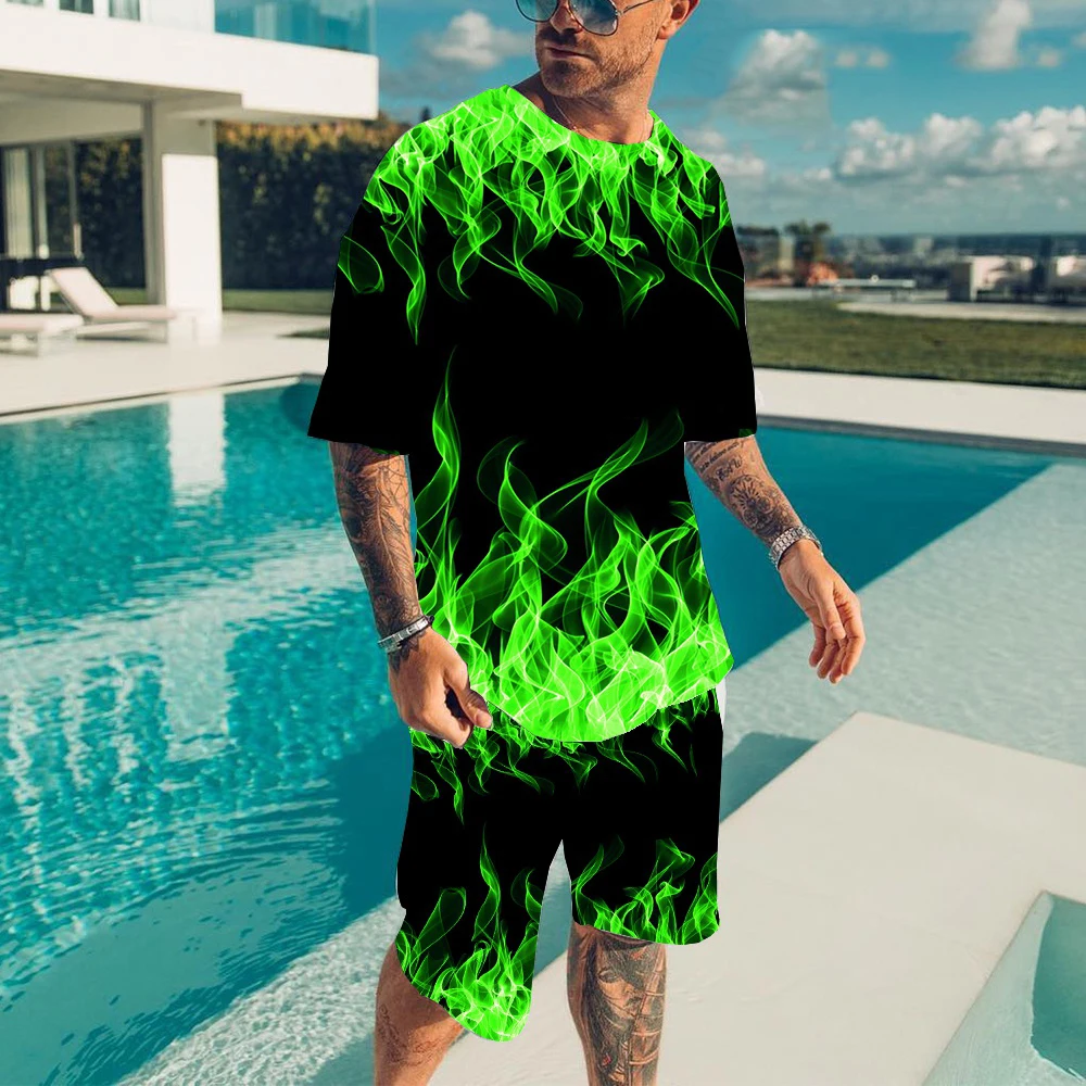 Fire Tracksuit Flame 3D Print New Men Women Fashion Short Sleeve T-Shirts Shorts Sets Streetwear Sportswear Suits Men's Clothing