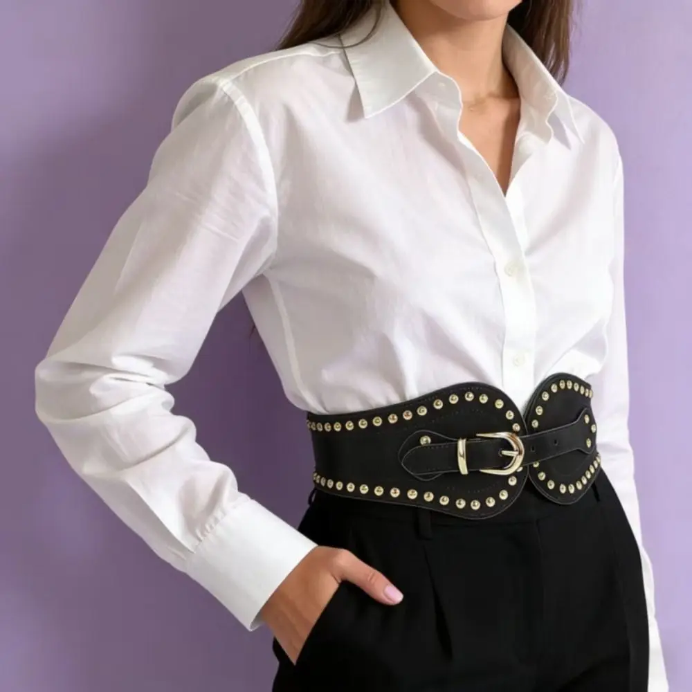 Retro Adjustable Suede Rivet Belt Spicy Girl PU Leather Elastic Cummerbunds Slimming Western-style Wide Waistband Ladies