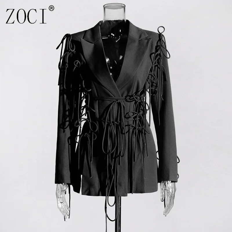 

ZOCI Patchwork Lace Up Solid Color Blazers For Women Unique Design Suit Jackets Long Sleeve Coats Female Tops 2025 Autumn New