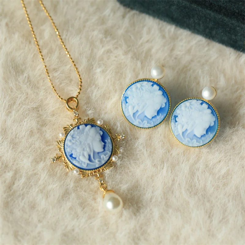 

s925Silver Inlaid Agate German Cameo Flower Goddess Pendant Earrings Gift for Girlfriend Birthday Present
