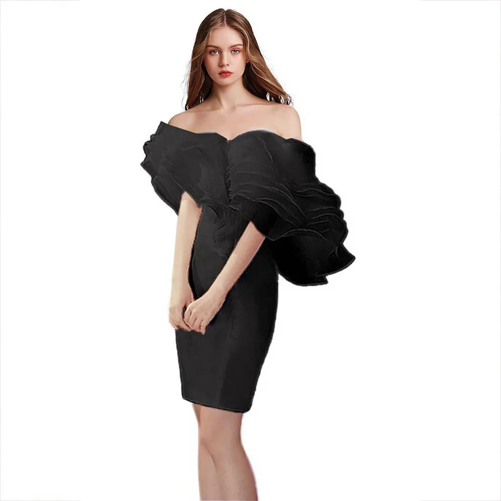 

Laxsesu In Stock Black Dress Cocktail Party Gowns Off Shoulder Sleeveless Evening Dress Above Knee Length Celebrity Party Gown