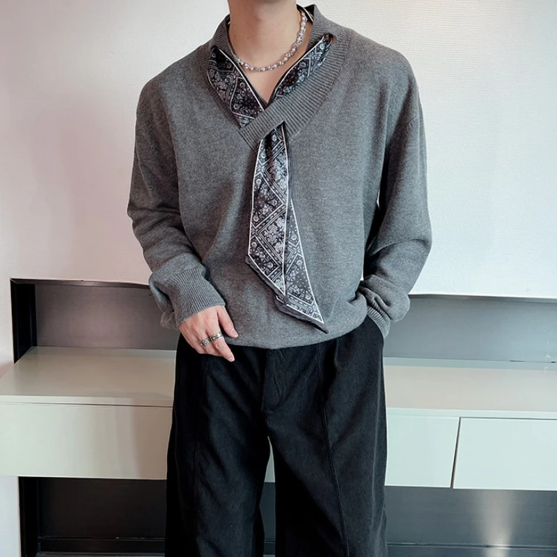 

Осень-зима 2025: вязаный свитер с v-образным вырезом, шелковый шарф, свитера с длинными рукавами, корейский свободный повседневный пуловер, уличная мужская одежда