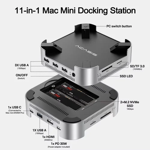 Imagen 2 del producto Acasis Mac Mini estación de acoplamiento USB C Hub con carcasa SSD M.2 NVMe de doble bahía 10Gbps USB-A divisor SD y TF para Mac Mini M4 Pro