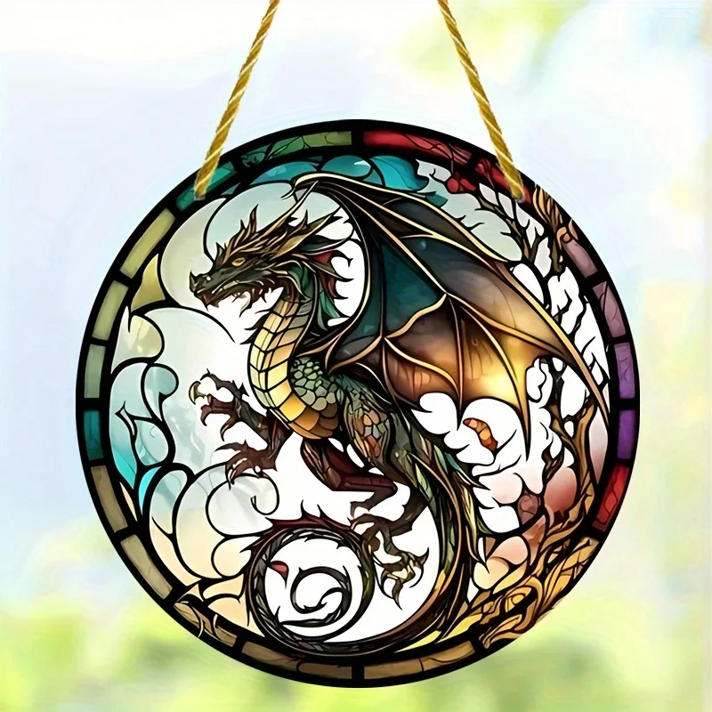 Stained Glass Dragon Sun Catcher-Round Window Hanging for Home Decoration and Gifts,Aesthetic,Room,Hotel,Bedroom,House Decor