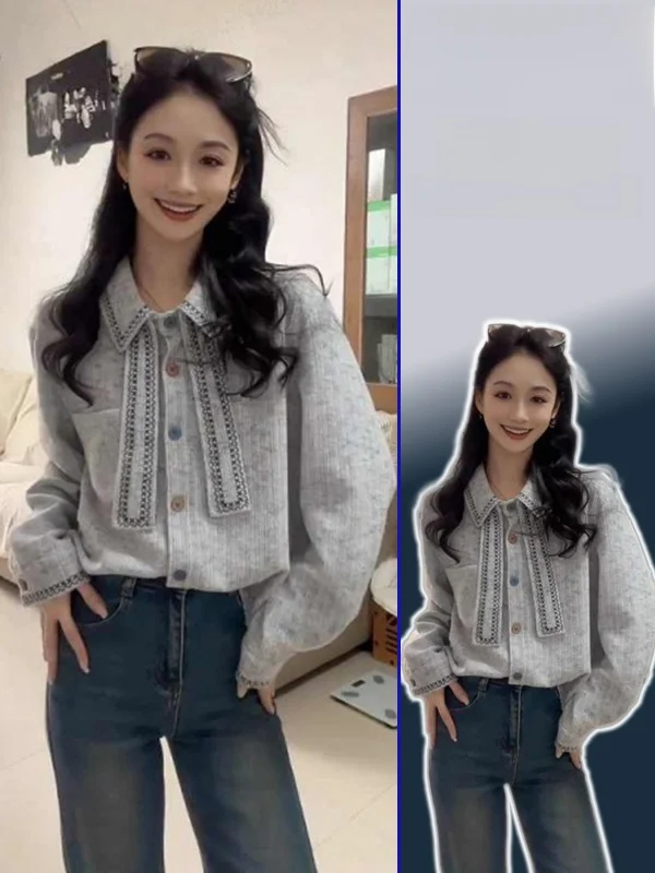 

Loose Casual Sle Long Sve ey irt Women plus Size Conceal Meat Slimming Large Size Turn-down Collar Top Spring New