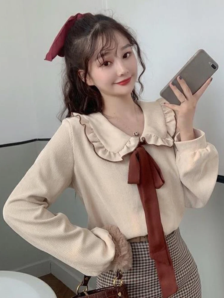 Zoki Sweet Bow Women Corduroy Shirt Vintage Peter Pan Collar Casual Blouse Korean Preppy Style Long Sleeve Spring Elegant Tops