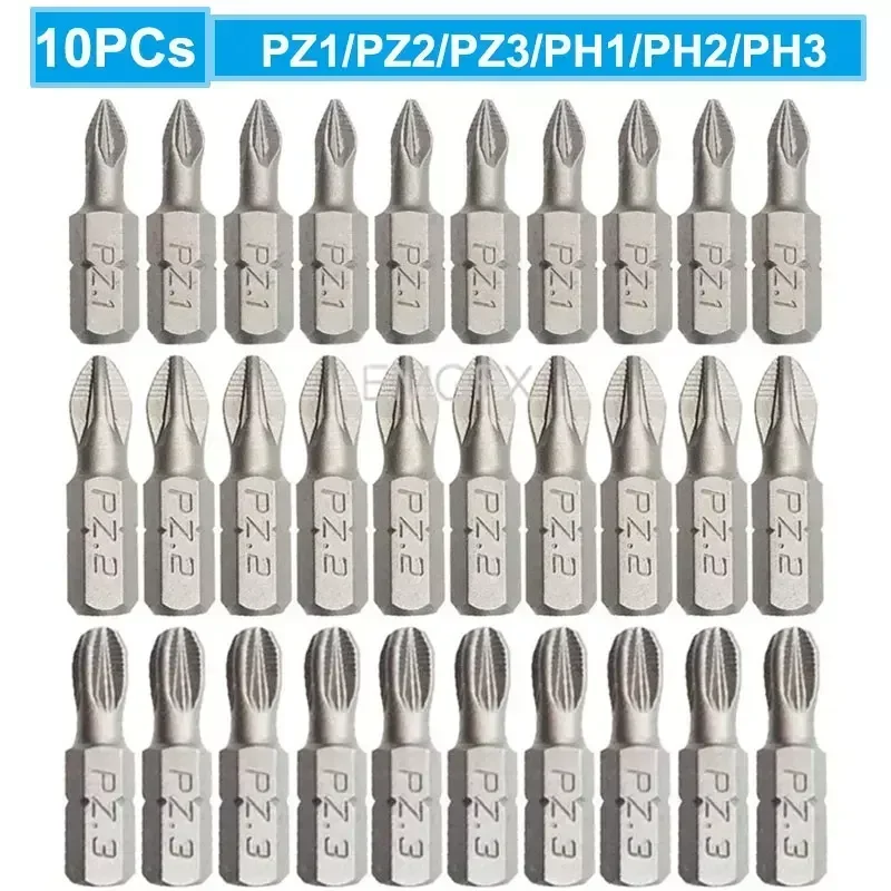 10Pcs 25mm PZ1/PZ2/PZ3/PH1/PH2/ PH3 Phillips Hex Bit Set Shanked Mini Anti Slip Screwdriver Bits for Drill Magnet Batch Head