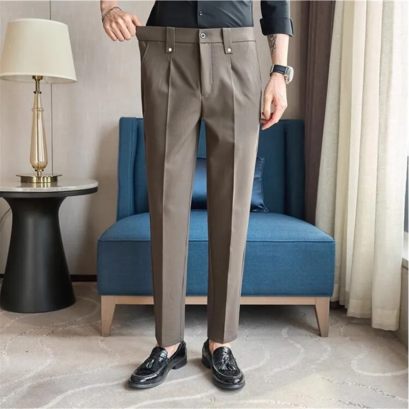 

Plus size 40 38 New Stretchable Waist Suit Pants Men Solid Korean Slim Fit Social Wedding Party Trousers Streetwear Homme