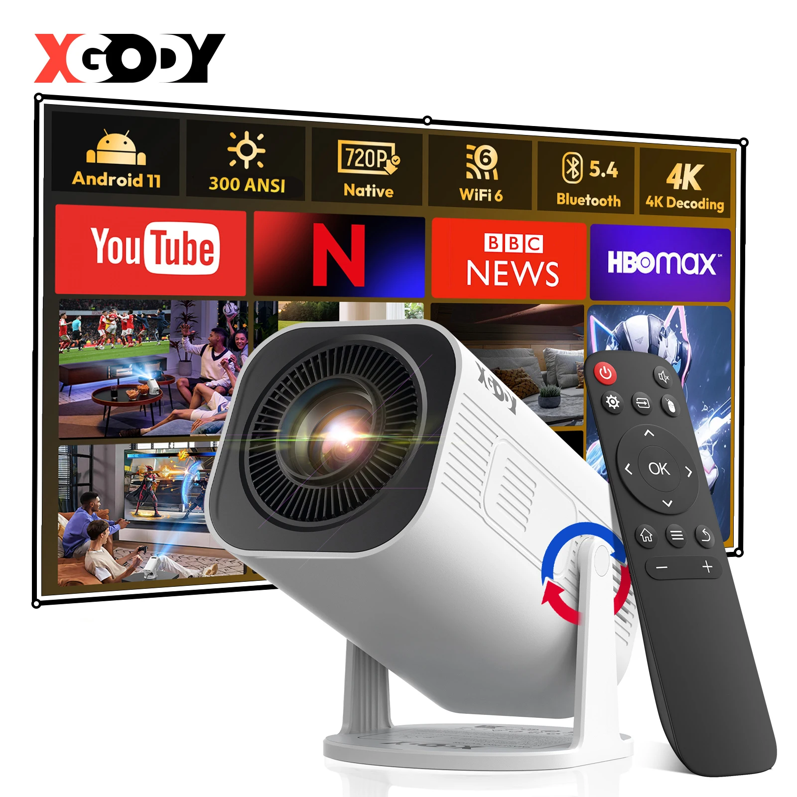 XGODY Gimbal 3 Pro Mini Smart Projector, Native 720P 300 ANSI, Android 11 WiFi 6 BT 5.4, Auto Keystone Correction Wireless Mirroring, 20-120 Inch Bedroom Movie Gaming Home Theater Projector with HDMI USB