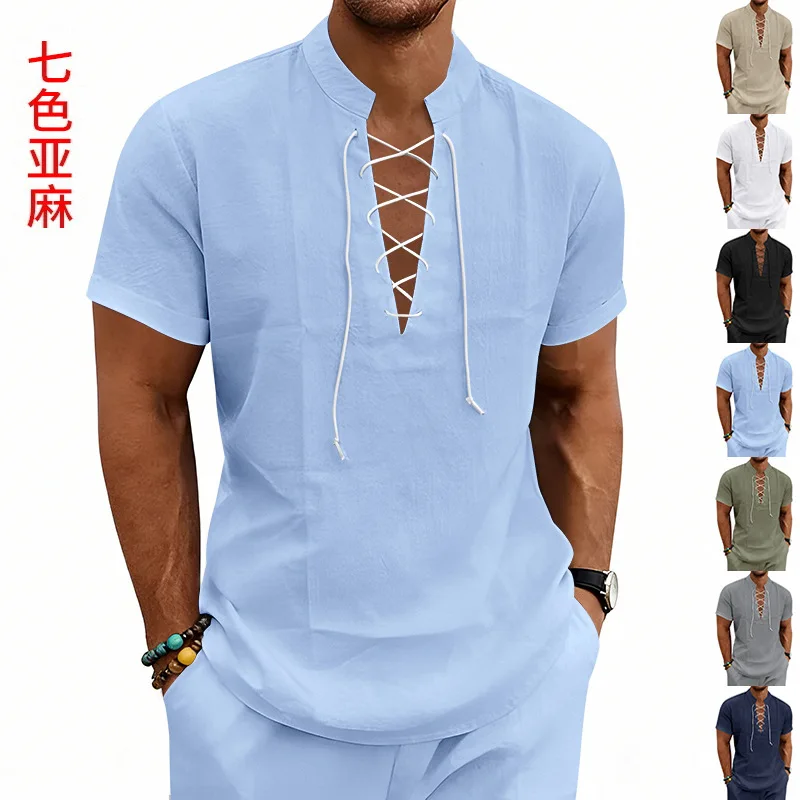 Blouse men 2026 casual summer lace-up hollow out short-sleeved loose breathable stand-up collar casual shirt men's clothing