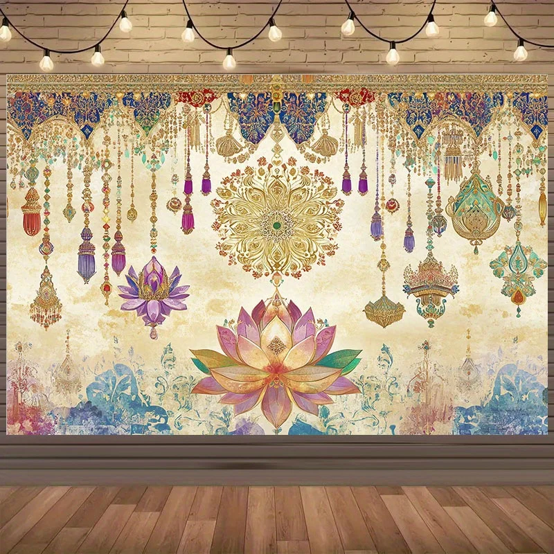 Indian Mandala Tapestry Gold Purple Lotus Flower Wall Hanging Art Decor for Diwali Party Yoga Studio Wedding