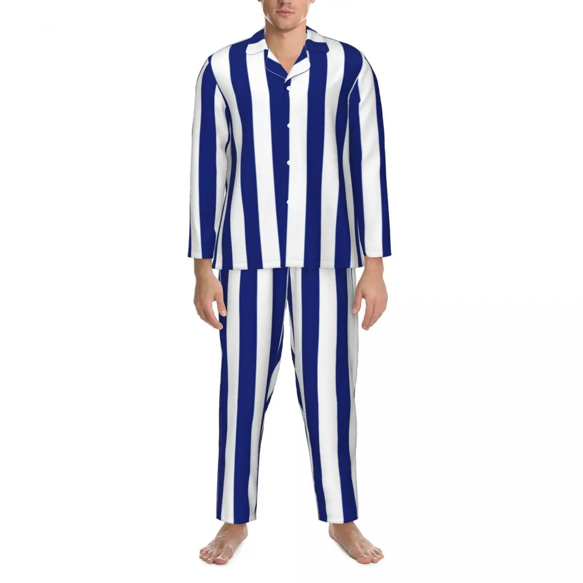 Vertical Striped Pajamas Men Blue Lines Print Kawaii Room Sleepwear Autumn 2 Piece Casual Loose Oversize Custom Pajama Sets