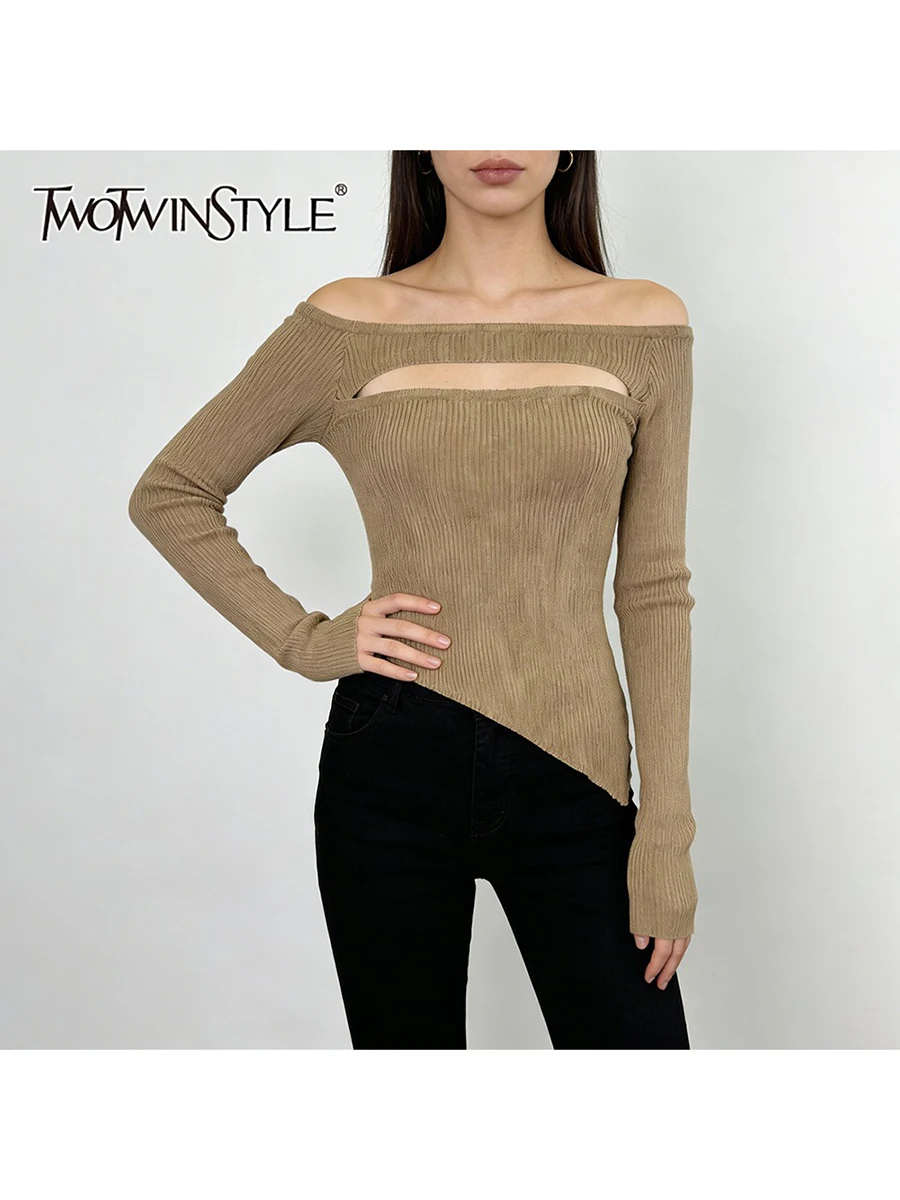 

TWOTWINSTYLE Slimming Hollow Out Minimalist Sweaters for Women Slash Neck Long Sleeves Irregular Sweater Female Fashion Clothing