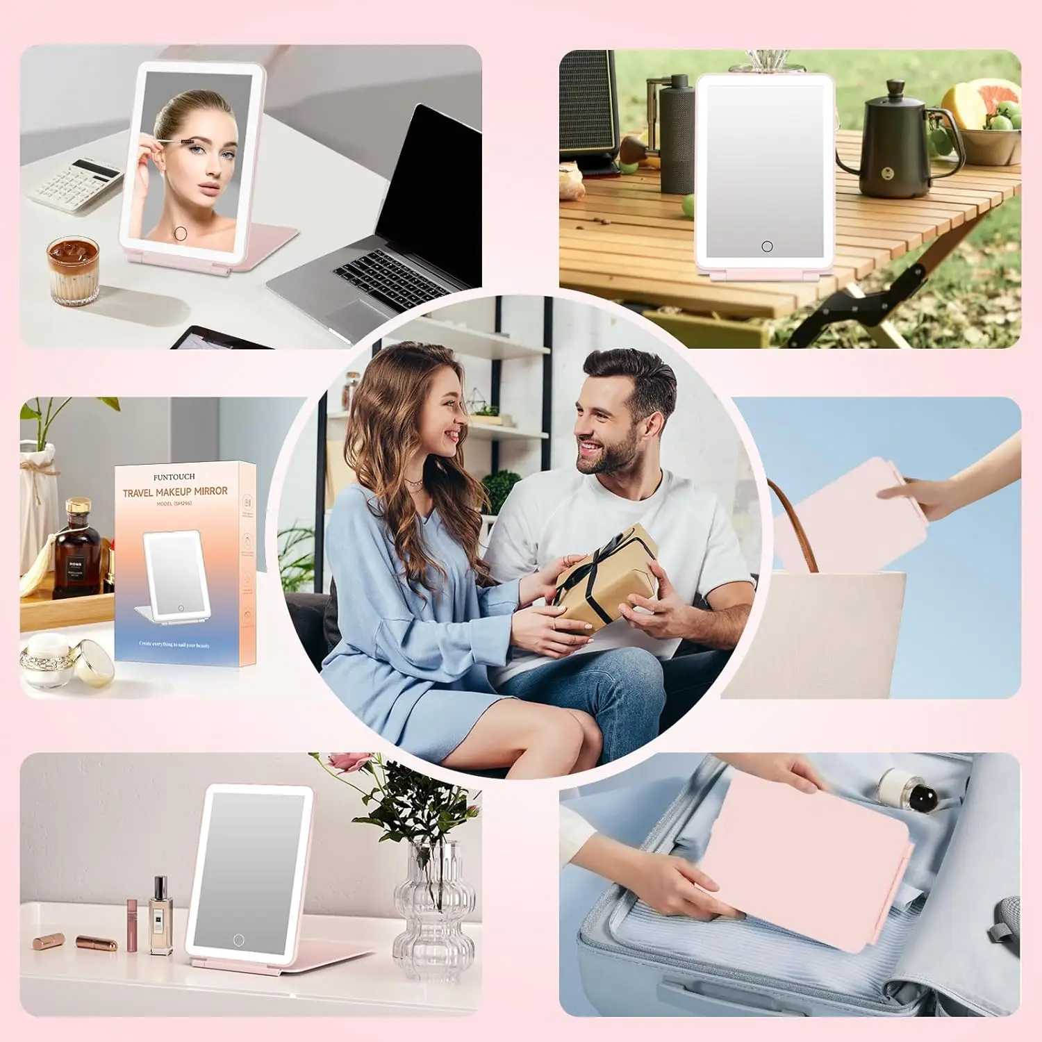 LED Travel Makeup Mirror 3 Colors Light USB Rechargeable Touch Screen Cute Portable Tabletop Cosmetic Mirror Ins PINK Beautiful