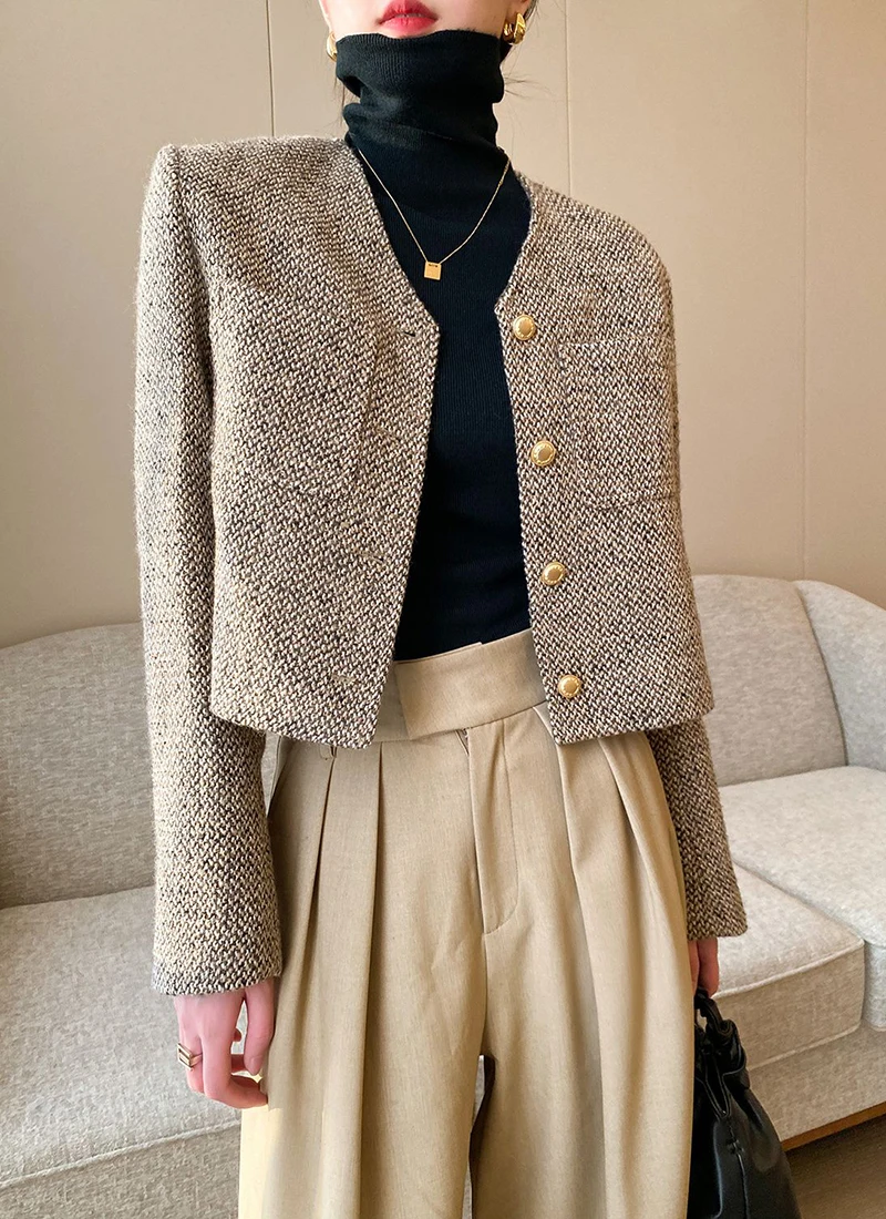 Khaki Short Women Jacket Autumn 2023 England Style Simple Tweed Coat Woman Korean Chic Single-Breasted O-Neck Outerwear