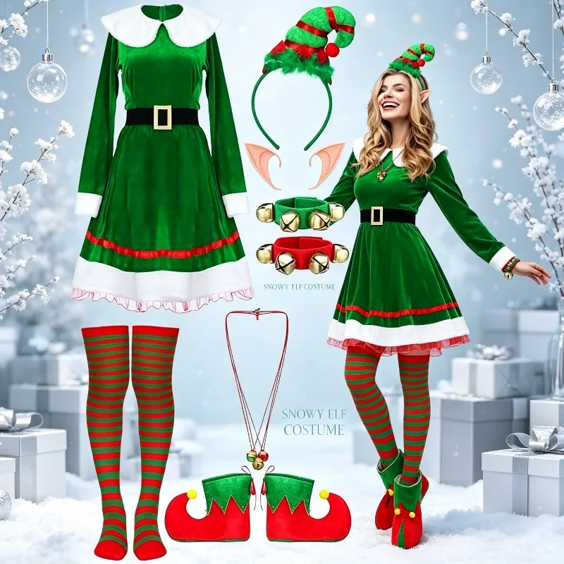Conjunto de Disfraz de Duend Navideño para Mujer, Vestido de Terciopelo con Cinturón, Calcetines a Rayas y Gorro de Duende, Traje de Cosplay para Fiesta Navideña