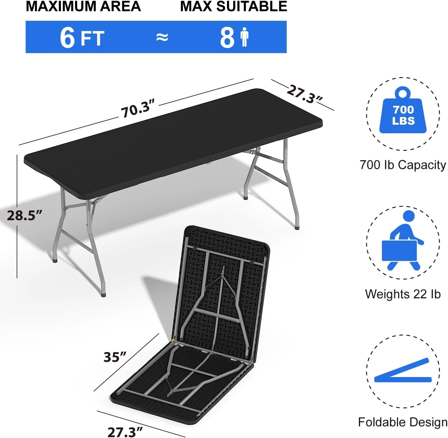 6FT Folding Table with Carry Handle & Steel Legs, Heavy-Duty Portable Dining Table for Party, Wedding, Camping, Indoor & Outdoor, Black/White