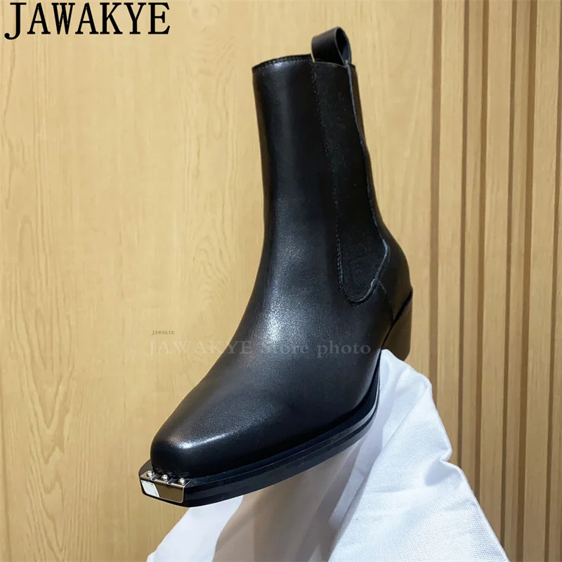 Black Genuine Leather Chunky Bottom Ankle Boots Women Wedges Heels Chelsea Mid Calf Boots Runway Fashion Week Punk Boots femina