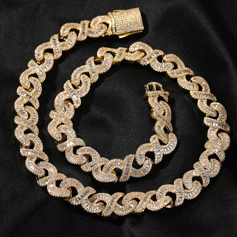 Hip Hop 5A+ CZ Stone Paved Bling Iced Out 12mm Solid Infinity 8 Shape Cuban Link Chain Chokers Necklaces for Men Rapper Jewelry