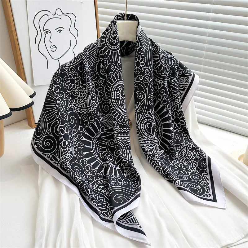 Luxury 90x90cm Silk Scarf Women Popular Print Hair Neck Square Scarf Lady Shawl Bandanna Muffler Wrap Hijab Foulard Handkerchief