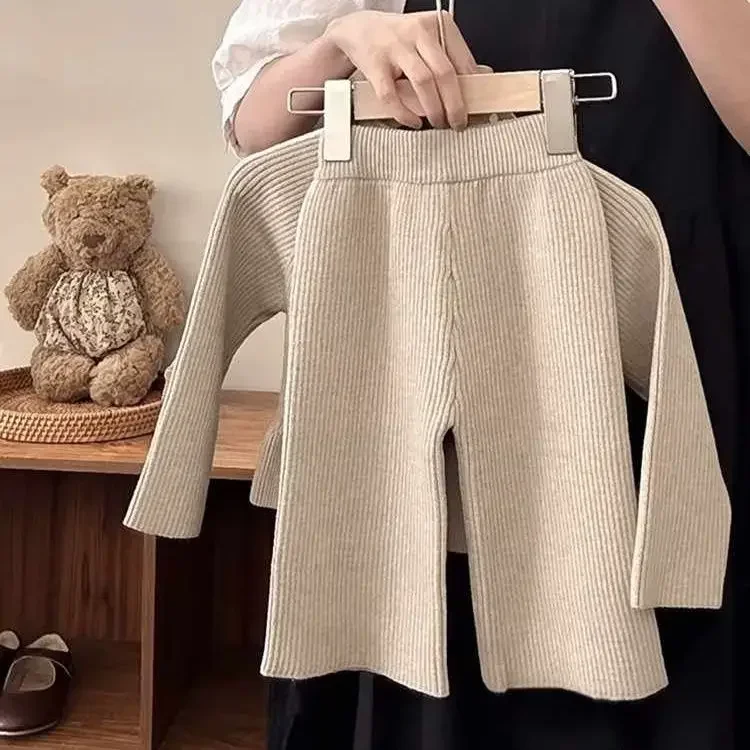 Girls Children\'s Clothing Spring Autumn  Fashionable Bow Lace Knitted Cardigan Long-sleeved Top+wide-leg Trousers 2-piece Set