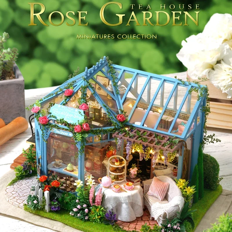 Animacja Cartoon Diy Cabin Rose Garden Teahouse Ręcznie składane drewniane zabawki Model domu Kobieta Prezent urodzinowy Urządzenia peryferyjne