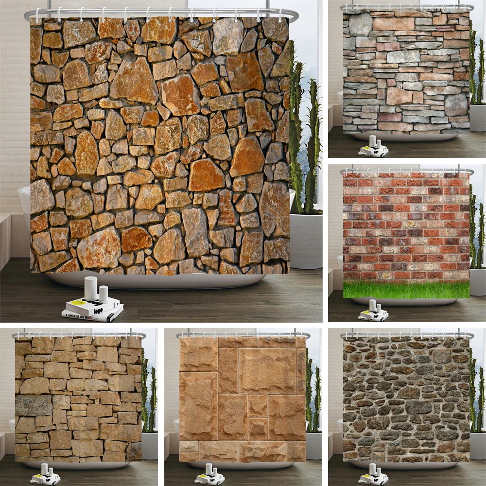 Stone Wall Painting Shower Curtain Bathroom Curtain Polyester Fabric Art Shower Curtains Restroom Decor Waterproof With Hooks