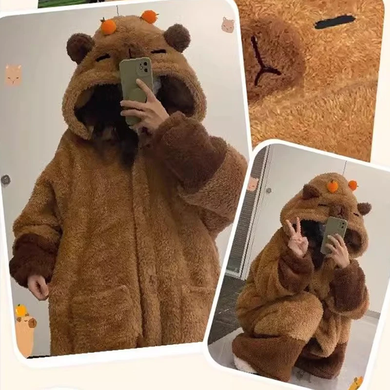 Cute Capibara Adult Pajamas Onesies Cartoon Pyjama Halloween Cosplay Thickened Warm Home Clothes Suit Gift Animal Sleepwear