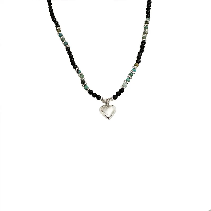 

S925 Love Pendant Black Agate Silver Turquoise Beaded Collar Chain Versatile High grade Necklace Female