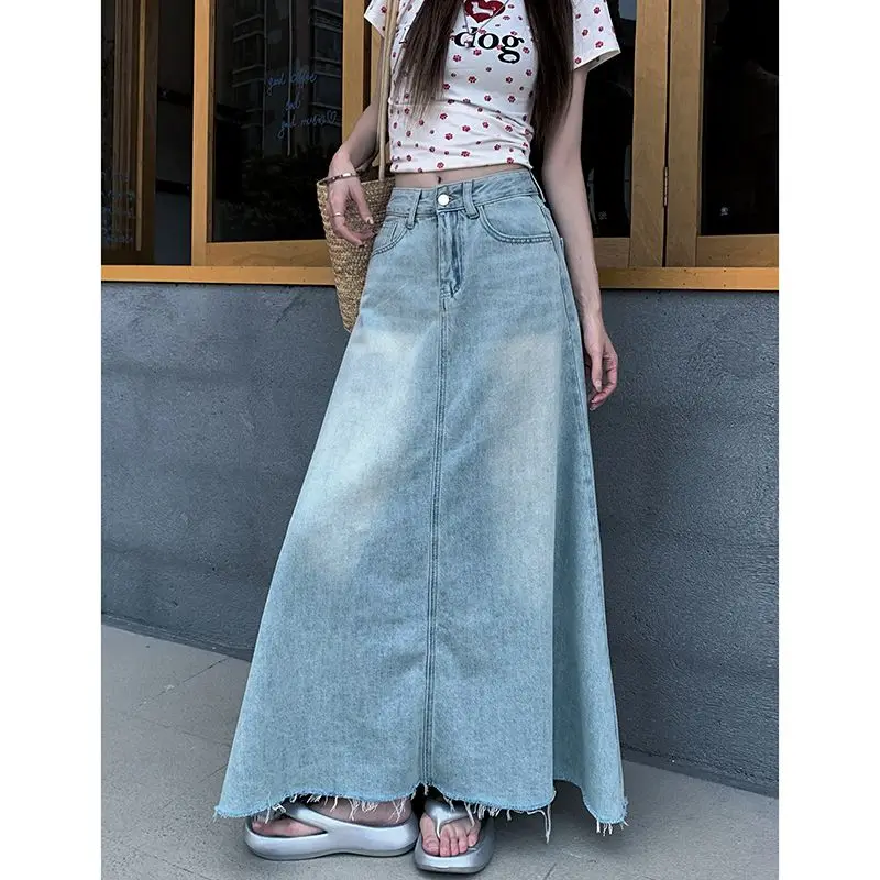 

Повседневная джинсовая юбка трапециевидной формы с высокой талией, женская весна-лето, новая свободная юбка-миди с расклешенным подолом, универсальные джинсовые юбки