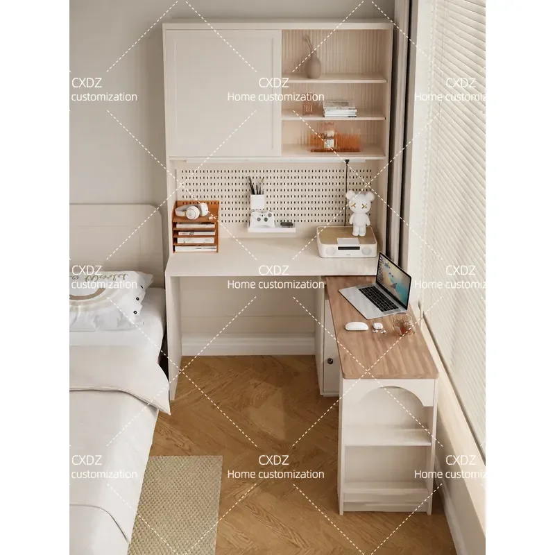 Solid Wood L Shaped Desk with Bookshelf Wall Mounted Corner Computer Table Semi Enclosed Study Workstation for Small Bedroom