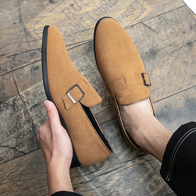 New style British men's casual loafers - trendy genuine leather slip-on shoes with suede finish - one-piece leather shoes