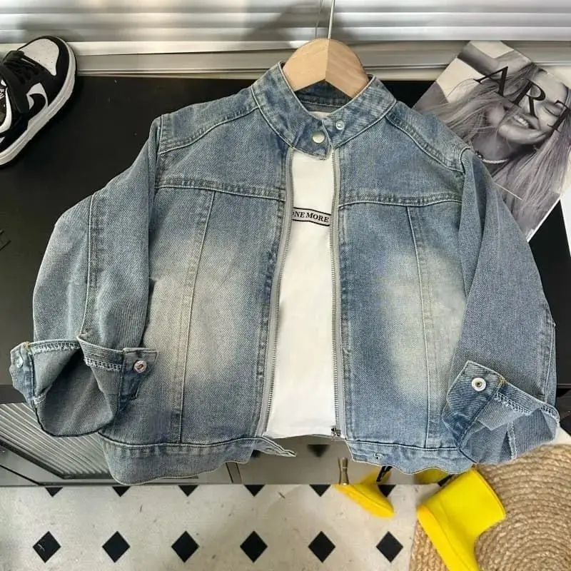 New Autumn Children Denim Jacket Retro Boys Stand-up Collar Long Sleeve Coat Baby Girls Loose Zipper Jacket Kids Outerwear Tops