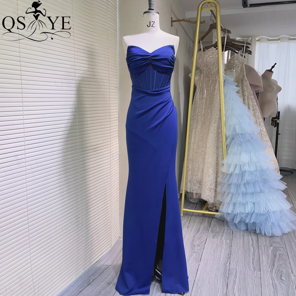 

Boned Bodice Elastic Navy Prom Dress Off Shoulder Ruched Stretch Satin Evening Dress Corset Slit Fit Women Formal Gown 2024