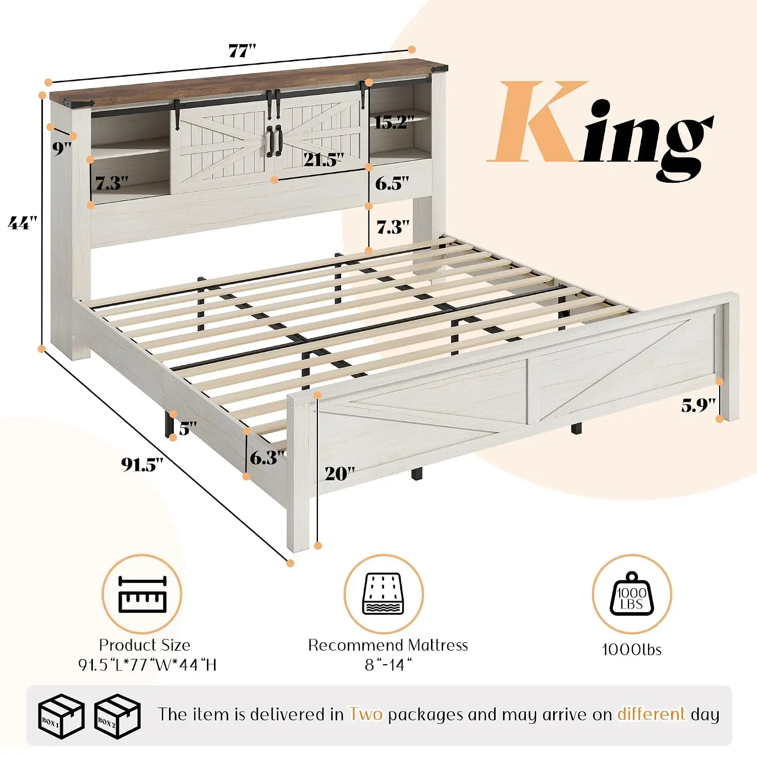 King Farmhouse Platform Bed Frame with Storage Headboard, Custom view 3