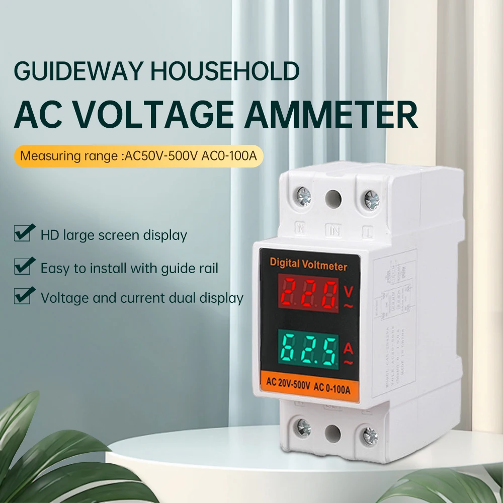 Led Display Voltage And Current Meter Ac 50-500V 100A Rail Type Ac Single Phase Digital Display Voltage And Current Meter