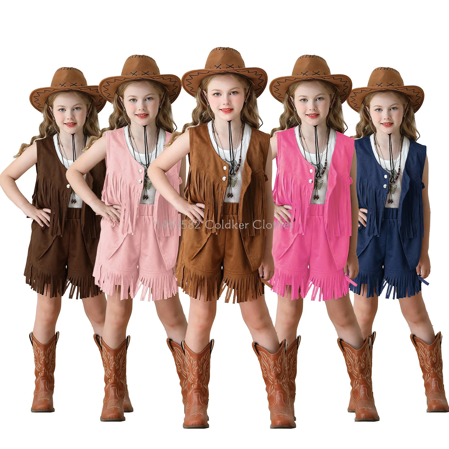 

Children's Carnival Fringed Suit Bohemian Retro Suede Western Vest Shorts Hat for Girls Costume Vintage Buckskin Cowgirls