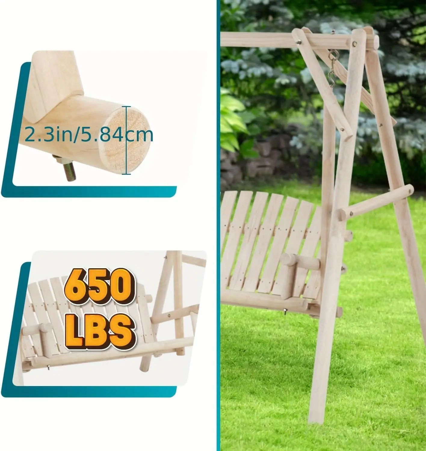 Patio Porch Swing Stand Set, 67 Inch Log Bench Loveseat With A-Frame Stand Porch Swing Chair Wood Bench