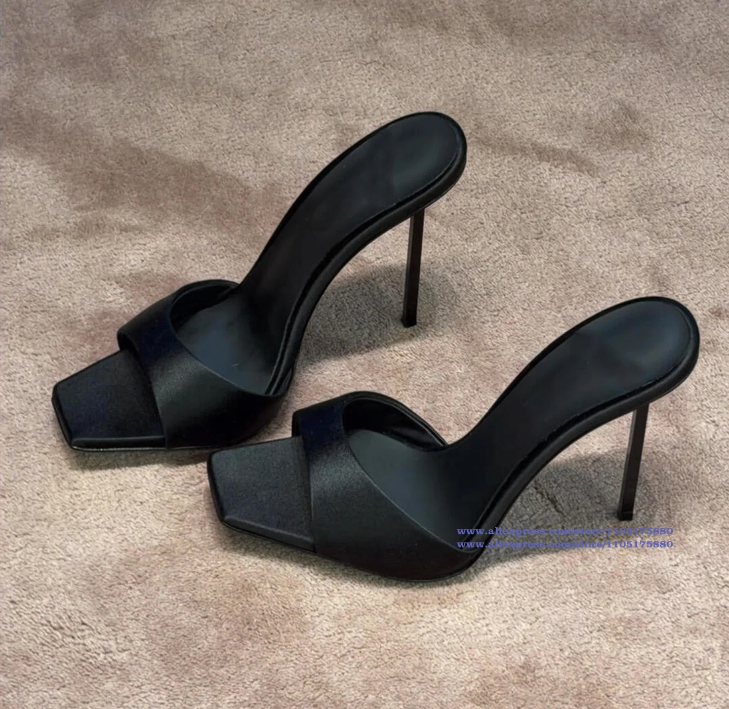 

Black Satin Stiletto Heels Mules Slippers Sexy Square Toe High Heels Designer Dress Party Shoes Sandalias De Mujer Verano