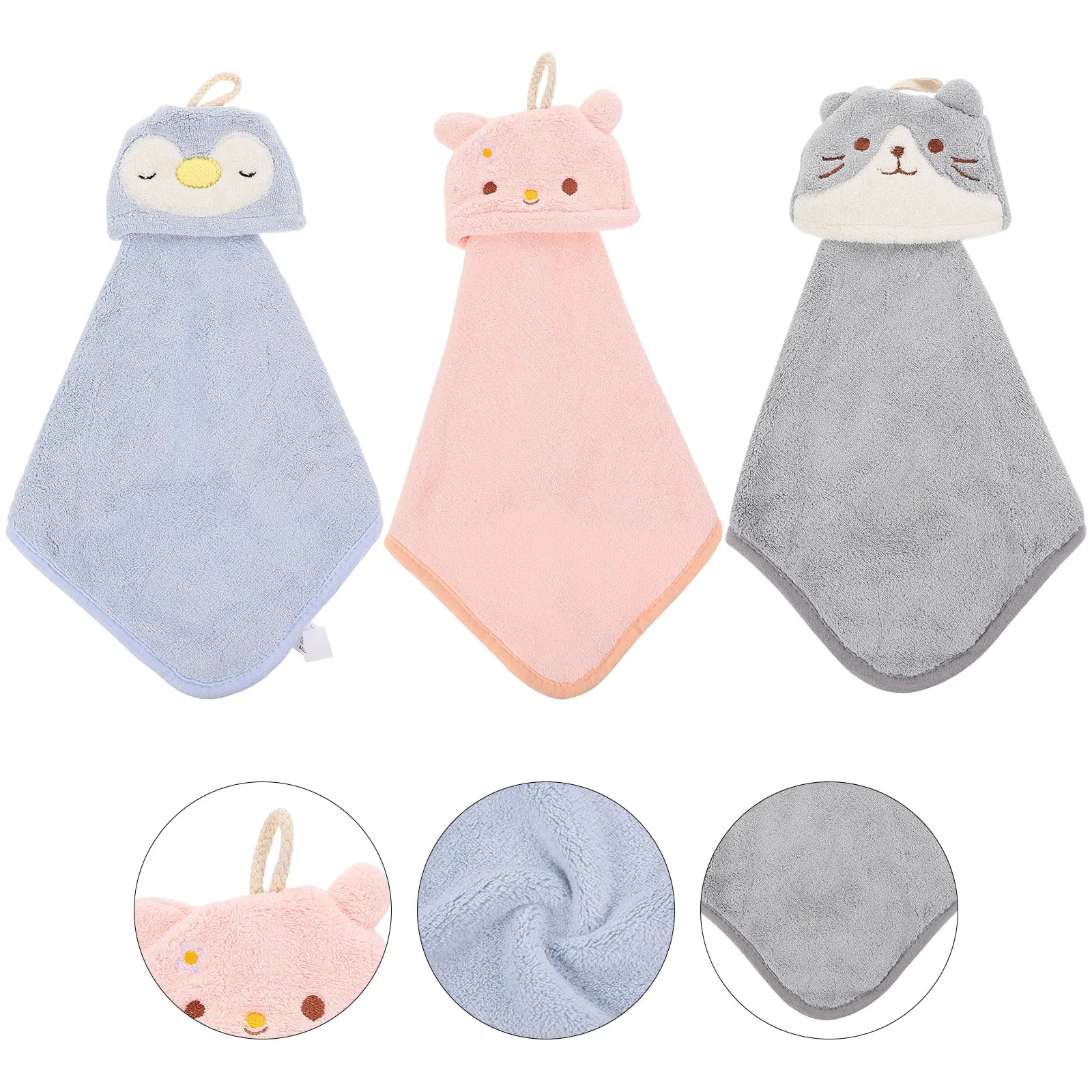

3Pcs Cute Animal Hand Towels Premium Coral Fleece Fast Drying Hanging Towels for Bathroom Toilet Kitchen Wash Hands Dish