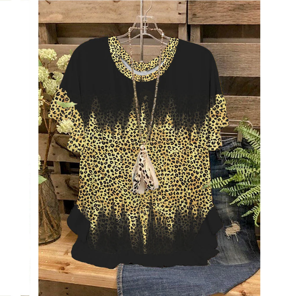 Women Tops T-Shirts 3D Ruffled O-Neck Short Sleeves Floral Leopard Print Printed Loose Casual T-Shirts Summer Streetwear